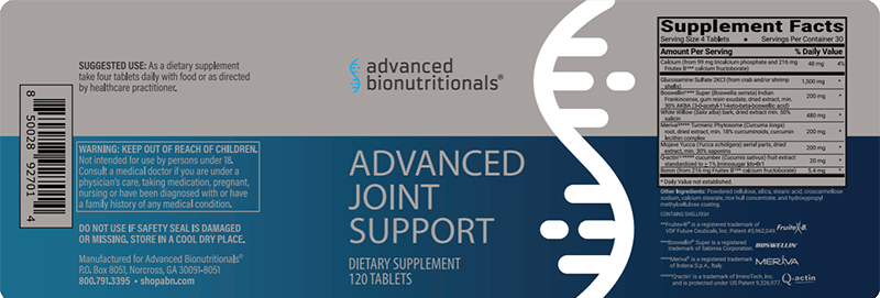 Advanced Joint Support supplement facts label