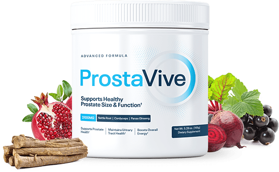 A tub of ProstaVive prostate support formula surrounded by its natural ingredients
